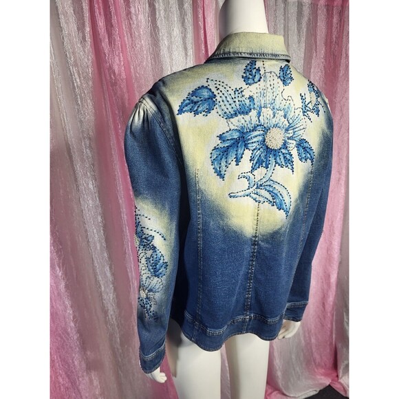 Vintage PJ Shernda Y2K Acid Wash Floral Beaded Pearl Jean Jacket Size Large - Picture 12 of 13